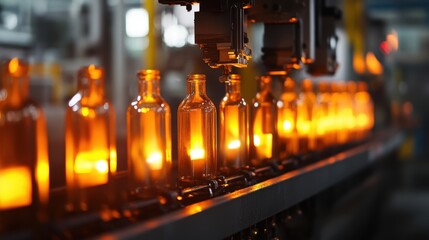 A closeup of glass bottles being processed in a factory with a focus on the labels indicating local sourcing showcasing the commitment to sustainability and reduced emissions.