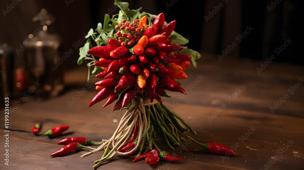 Poster vibrant chili pepper bouquet tied with rustic string on a simple wooden table creating a cozy and na