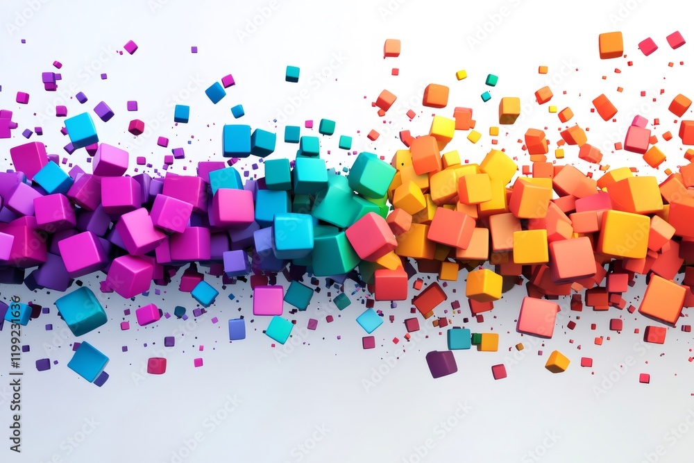 Poster Rainbow colored cubes exploding and flying on white background
