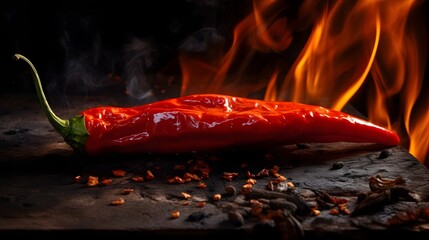 Closeup shot of a whole fresh red chili pepper being roasted and charred over an open flame for use in spicy and flavorful southwestern style cuisine and recipes