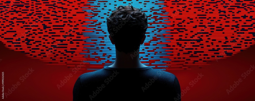 Poster person observing abstract red and blue digital data stream display