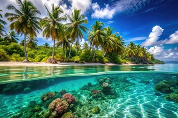 Obraz premium Serene Beach Palm Trees Clear Water Macro