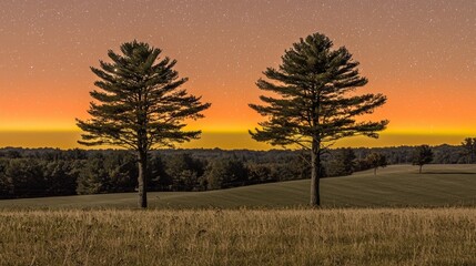 Obraz premium Sunset Silhouettes: Two Pines Against a Starry Evening Sky