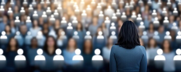 Fototapeta premium Woman Speaker Addressing Large Diverse Audience Public Speaking Conference Presentation