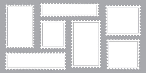 Postage stamp set. Post stamp frames and borders. Beige round and rectangular template for mail, postcard, letter. Jagged wavy edge forms. Vintage objects for poster, banner, badge, sticker. Vector