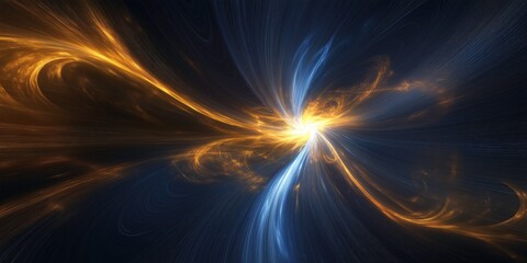 Cosmic Dance of Light and Energy: A mesmerizing abstract fractal artwork depicting a celestial collision of vibrant golden and cool blue energy streams converging towards a radiant core.