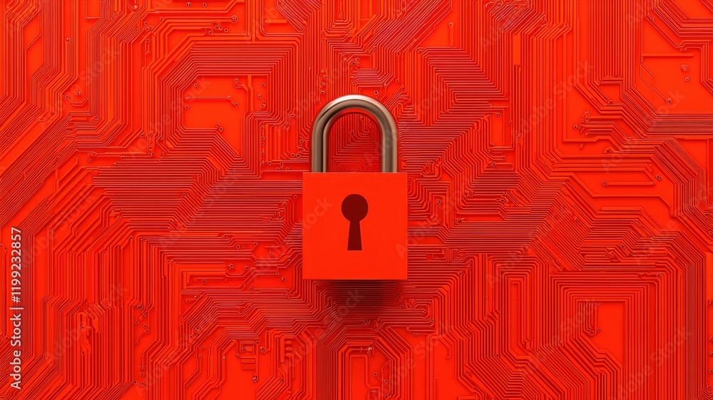 Poster red padlock on circuit board cybersecurity data protection and digital security concept
