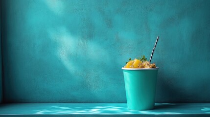 Teal wall, cup, fruit, straw,  summery drink.