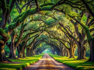 Obraz premium Serene Path, Live Oaks, Tilt-Shift, Landscape, Photography, Nature
