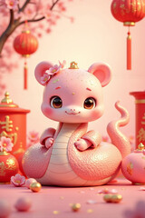 Obraz premium Pink Snake Lunar New Year - Delicate Festive Artwork with Floral and Gold Accents 