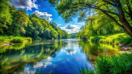 Obraz premium Serene Riverbank Double Exposure, Forest Lake, Tranquil Landscape