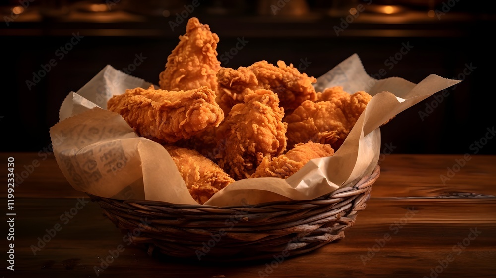 Poster delectable fried chicken pieces arranged in a rustic woven basket lined with parchment paper for a v