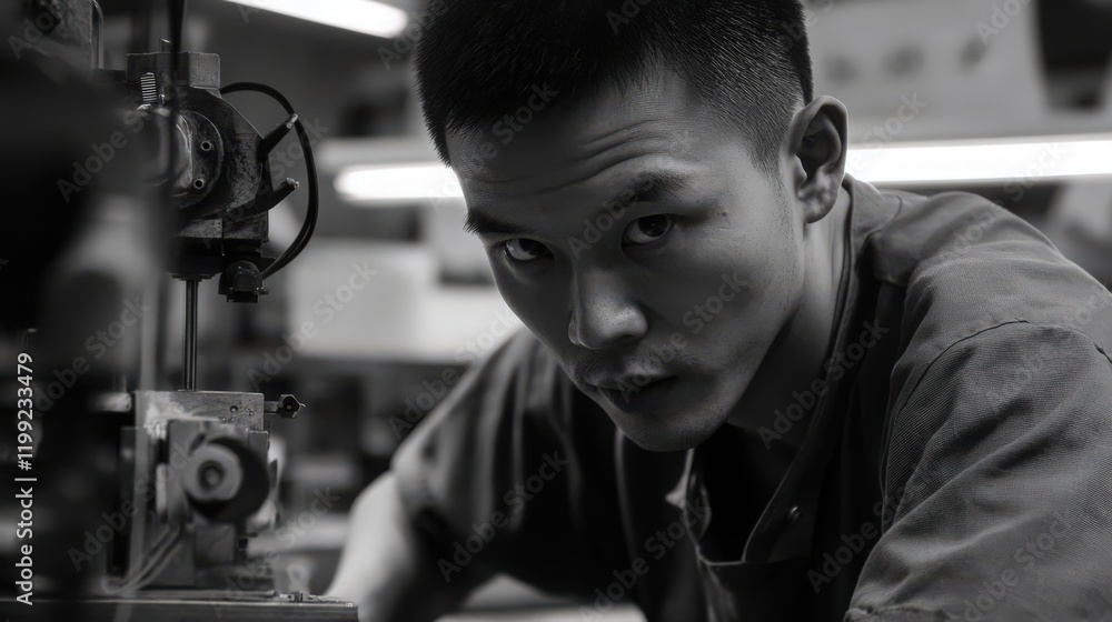 Poster monochrome portrait of a worker with a vintage machine in the background