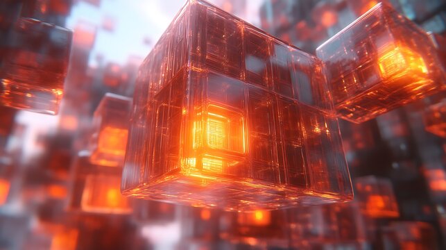 Luminous Orange Cubes Float In Digital Space - Powered by Adobe