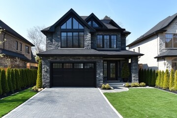 Modern stone house with black roof and garage on sunny day