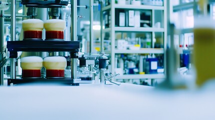 Naklejka premium High-definition image of medical instruments on a sterile white surface, with laboratory shelves visible in the distance