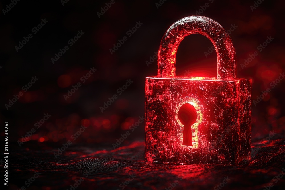 Poster Red glowing padlock is securing important data in the dark