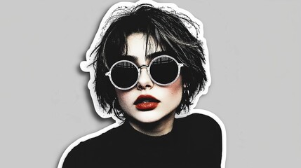 Stylish Portrait of Woman with Short Hair, Sunglasses, and Red Lips on Gray Background