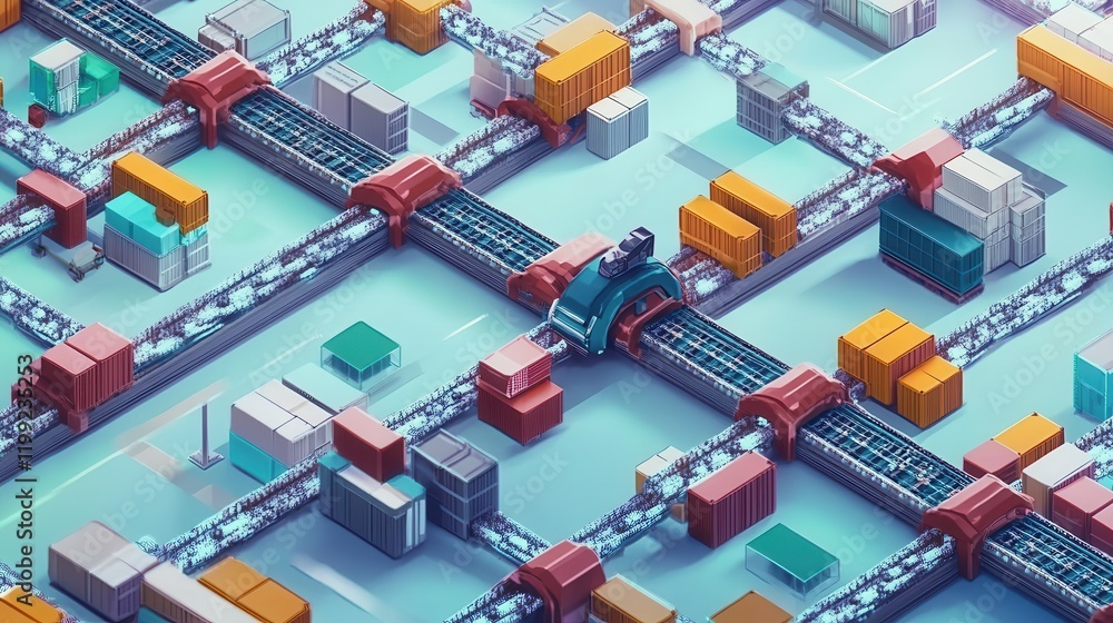 Poster a futuristic automated warehouse with cargo containers and a transport system in action