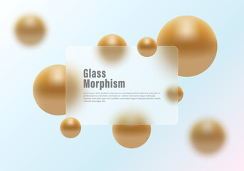 Landing page in glass morphism style, transparent partition with golden spheres.