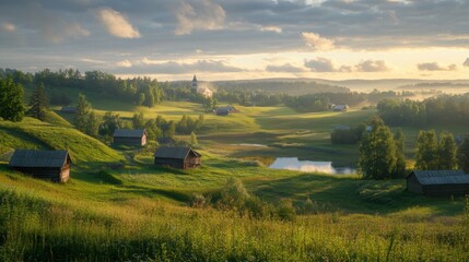 Fototapeta premium Beautiful Idyllic Valley Small Quaint Village Anytown USA 