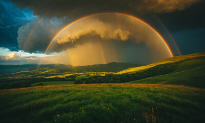 A rainbow stretching across a stormy sky, connecting two distant hills.
