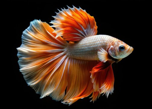 Siamese Fighting Fish, Orange & White, Black Background, High Depth of Field