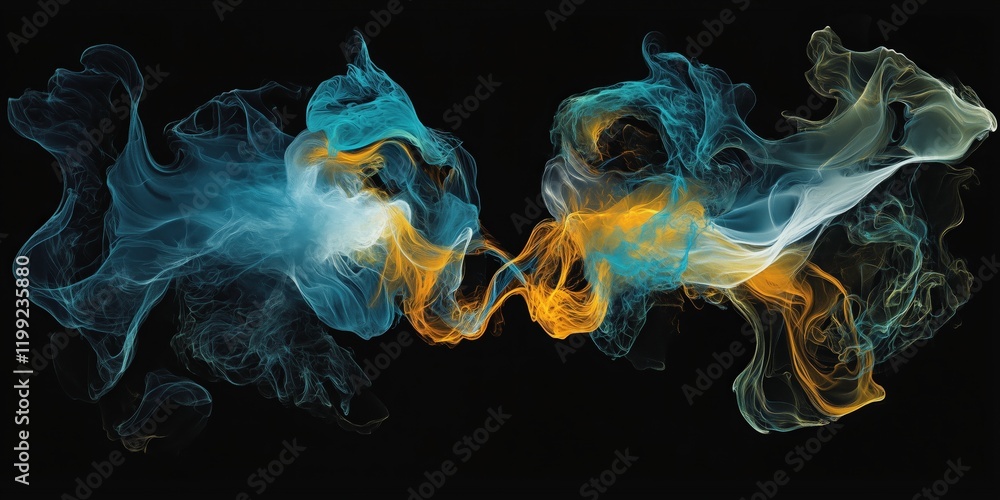 Poster abstract fluid art: teal and gold swirling smoke-like forms intertwine and dance against a deep blac