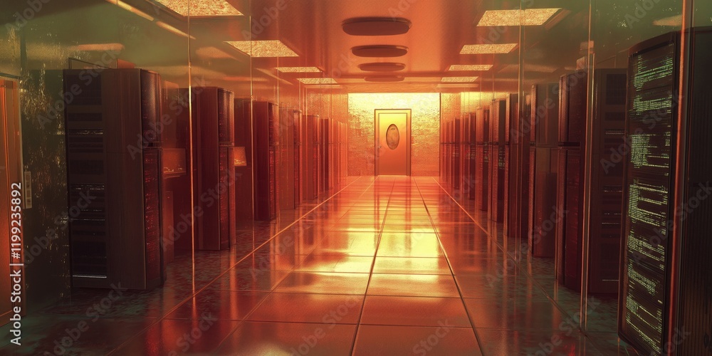 Poster a modern server room with glossy tiles and illuminated racks in a data center.