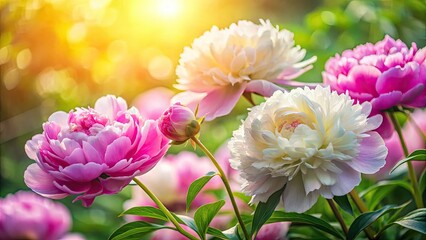 Fototapeta premium Dreamy double exposure: pink and white peony blooms grace this garden photograph.