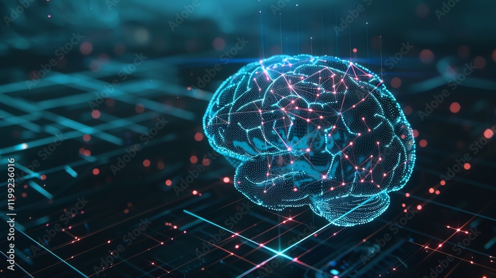 Poster a digital rendering of a human brain, made of lines and dots, over a blue and red grid background.
