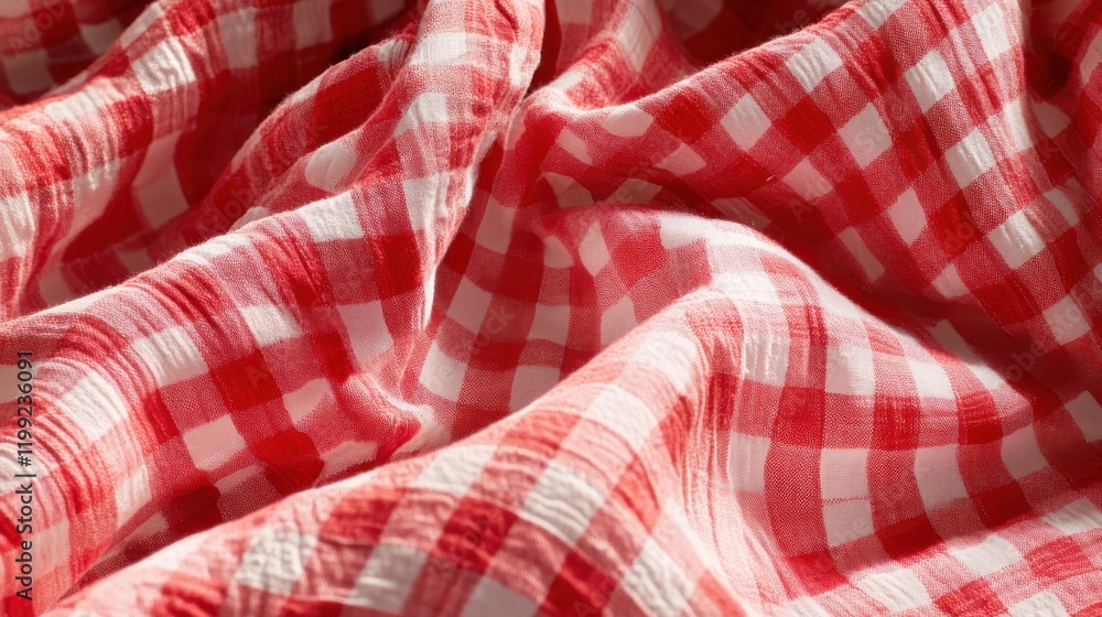 Poster close-up of a textured red and white checkered fabric draped elegantly, showcasing its softness and 