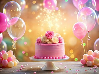 Dreamy pink cake, pastel balloons, and floating bubbles illuminate a low-light birthday scene.