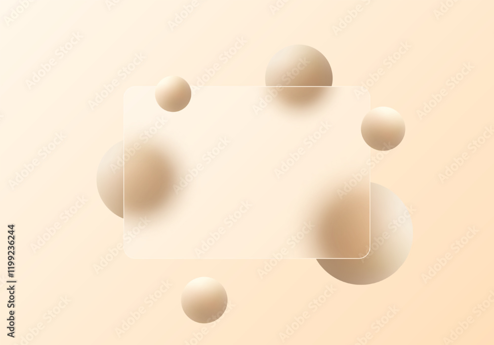 Aufkleber website landing page template in glass morphism style. frosted glass partition with floating spheres