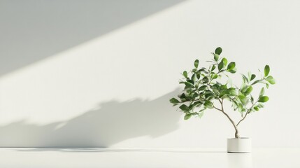 Obraz premium A Small Potted Tree With Green Leaves Against A White Wall With A Strong Shadow