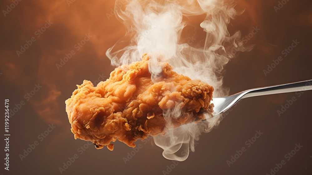 Poster a tantalizing close up image of a perfectly fried chicken piece resting on a fork with a backdrop of