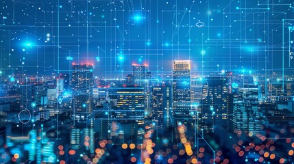 Fototapeta premium A city skyline at night with glowing lights and an overlay of a network of connected lines and dots.