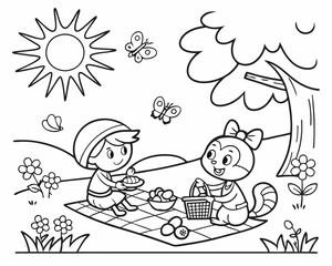 children playing and make picnic  in the garden coloring page vector, cartoon, color, coloring page, children, outline,