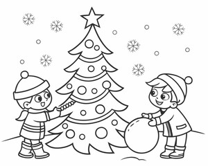  children  decorated christmas tree and snow men ,