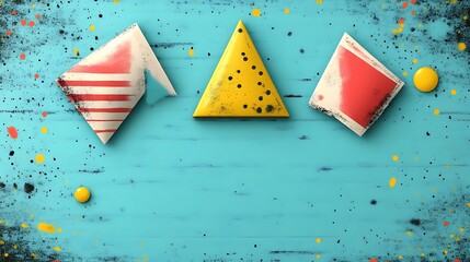Abstract Colorful Triangles on a Teal Wooden Background
