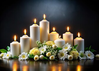 Elegant white candles and flowers frame a cherished memorial photo, creating a serene funeral service backdrop.
