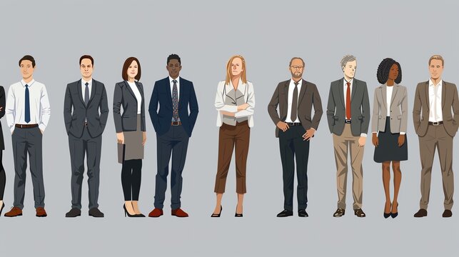 A group of people in business attire stand in a line,  illustrated in a cartoon style.