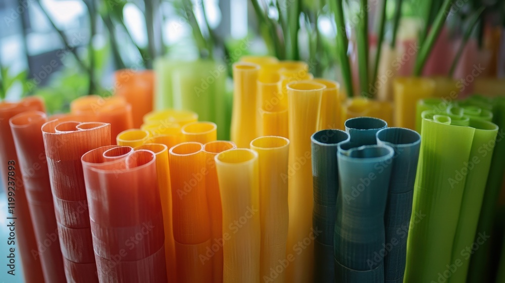 Poster detailed focus on a vibrant array of biodegradable materials such as cornstarch and bamboo displayed