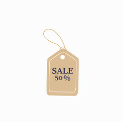 Discount sale tag with 50 percent off in flat vector illustration symbolizing promotions, price reductions, and seasonal sales, isolated on white background.