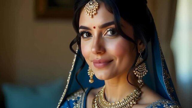 Close up of a Punjabi bride with wavy black hair, draped in a royal blue lehenga with silver sequins, wearing a traditional chooda and jhumka earrings