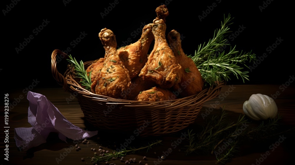 Poster mouthwatering fried chicken pieces nestled in a rustic basket and garnished with fresh sprigs of fra