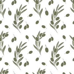 hand drawn vector seamless pattern with olive branches silhouette with fruits and leaves. Minimalist style in olive green color. Perfect for textile, packaging, menu, prints, backgrounds