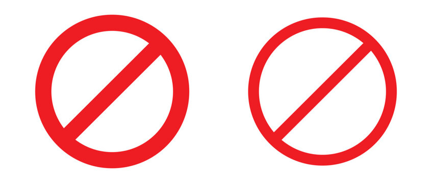 Prohibited circle sign. Prohibition red icon. Ban icon. Red circle with cross line symbol. Caution frame symbol. Forbidden stop sign. Vector illustration isolated on white background.