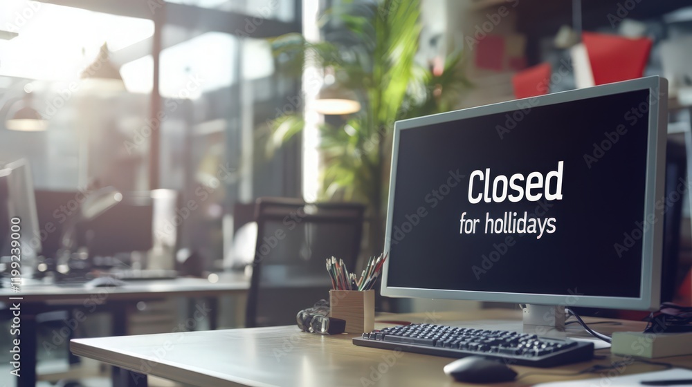 Poster office closed for holidays with a computer displaying a closed message on its screen