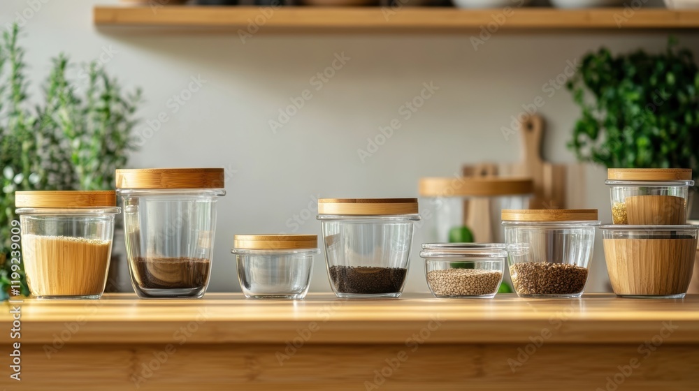 Poster an array of reusable glass containers lined up on a surface each fitted with bamboo lids reflecting 